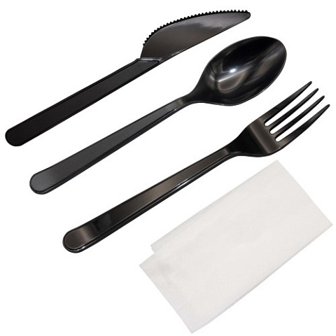 Набор столовых приборов, вилка + ложка + нож + салфетка, 18см/ черный
