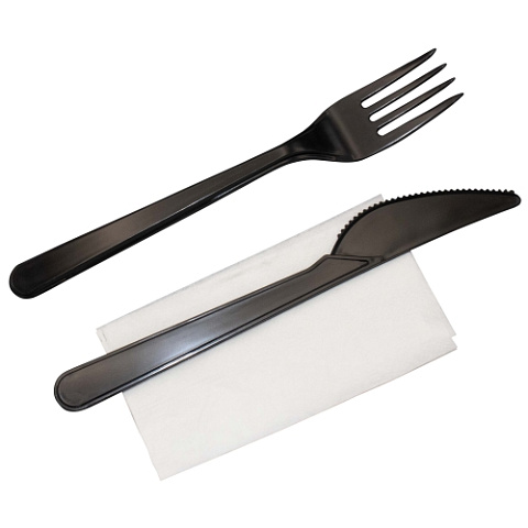Набор столовых приборов, вилка + нож + салфетка, 18см/ черный