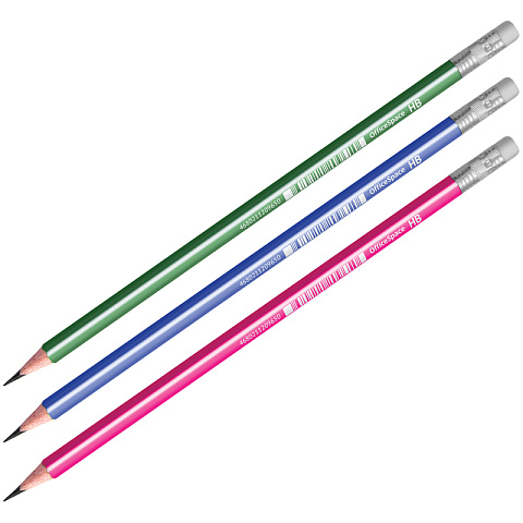 Карандаш ч/г OfficeSpace, HB, трехгранный, заточен., пластиковый, с ластиком, корпус ассорти с полос