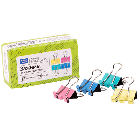 Зажимы для бумаг 15мм, OfficeSpace, 12шт., цветные, картонная короб