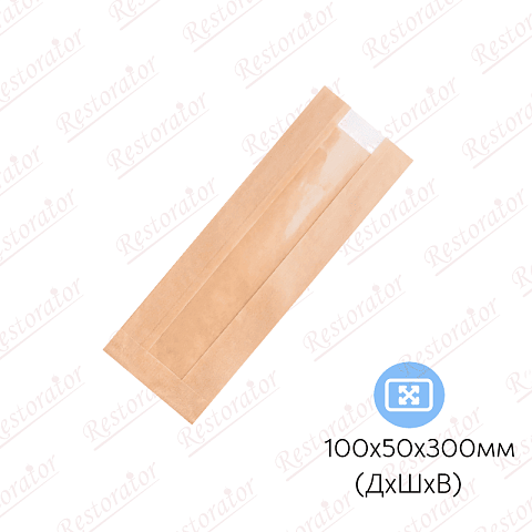 Пакет бумажный с окном без ручек V-дно, 100(40)*50*300мм